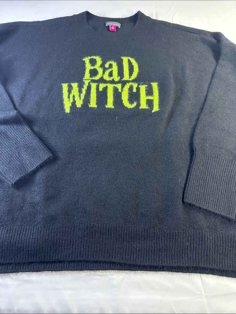Vince Camuto Black Crewneck Sweater with Neon Green 'BAD WITCH'